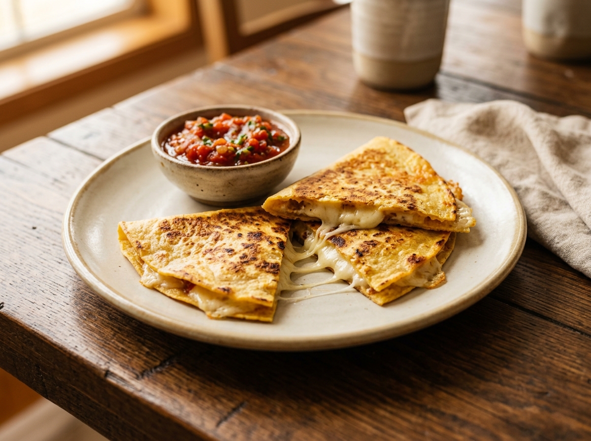 Quesadillas de queso mexicanas doradas en triángulos con queso derretido y salsa roja