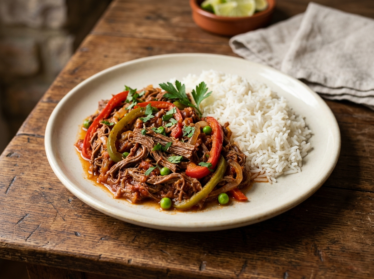 Ropa vieja cubana, carne de res deshebrada en sofrito de pimientos