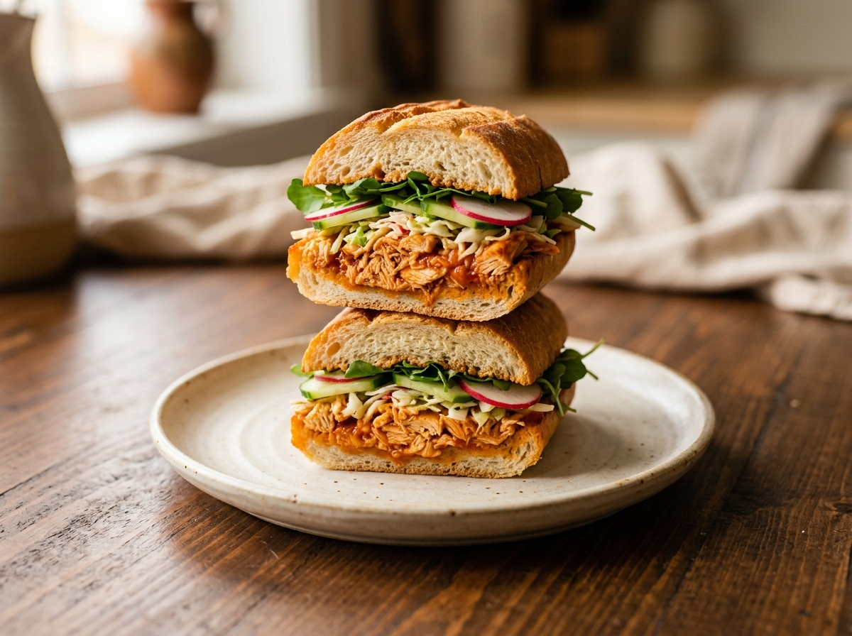 Sándwich de pollo salvadoreño rápido en pan francés con repollo cremoso y vegetales