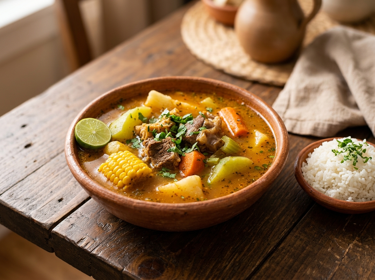 Sopa de patas salvadoreña con patas de res, verduras y limón en tazón de barro