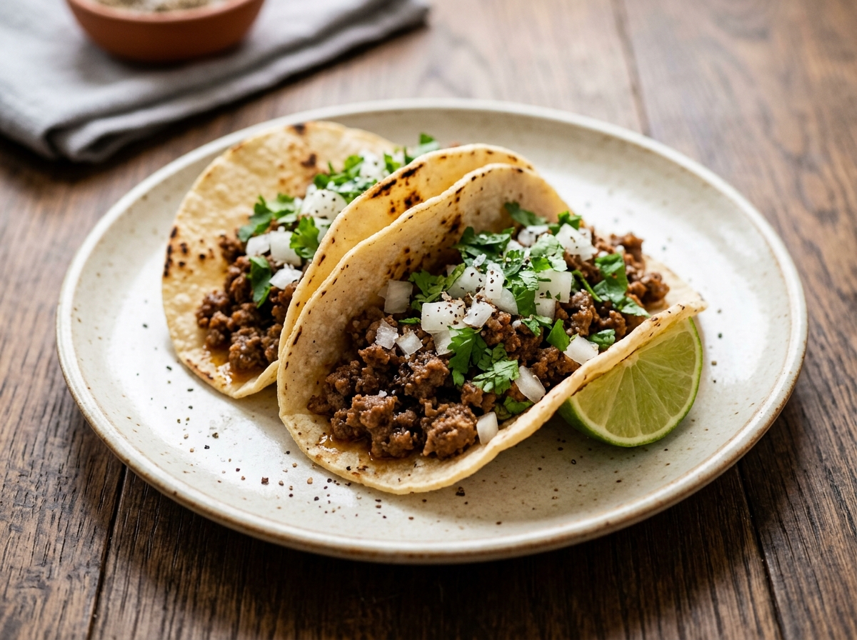 Tacos de carne molida con cebolla, cilantro y limón