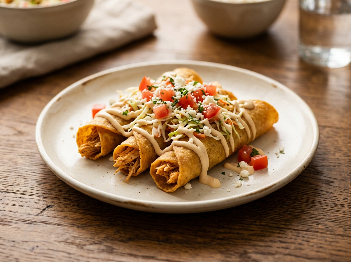 Tacos hondureños de tortilla de maíz frita con pollo, repollo, crema y queso seco