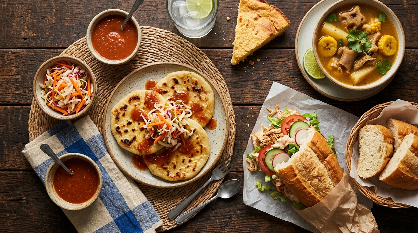 Mesa con pupusas, pan con pollo, pan francés, sopa de patas y quesadilla salvadoreña