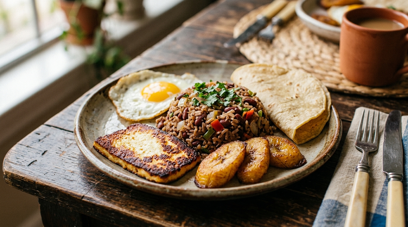 Gallo pinto nicaragüense servido con huevo frito, queso frito, plátano maduro y tortilla de maíz