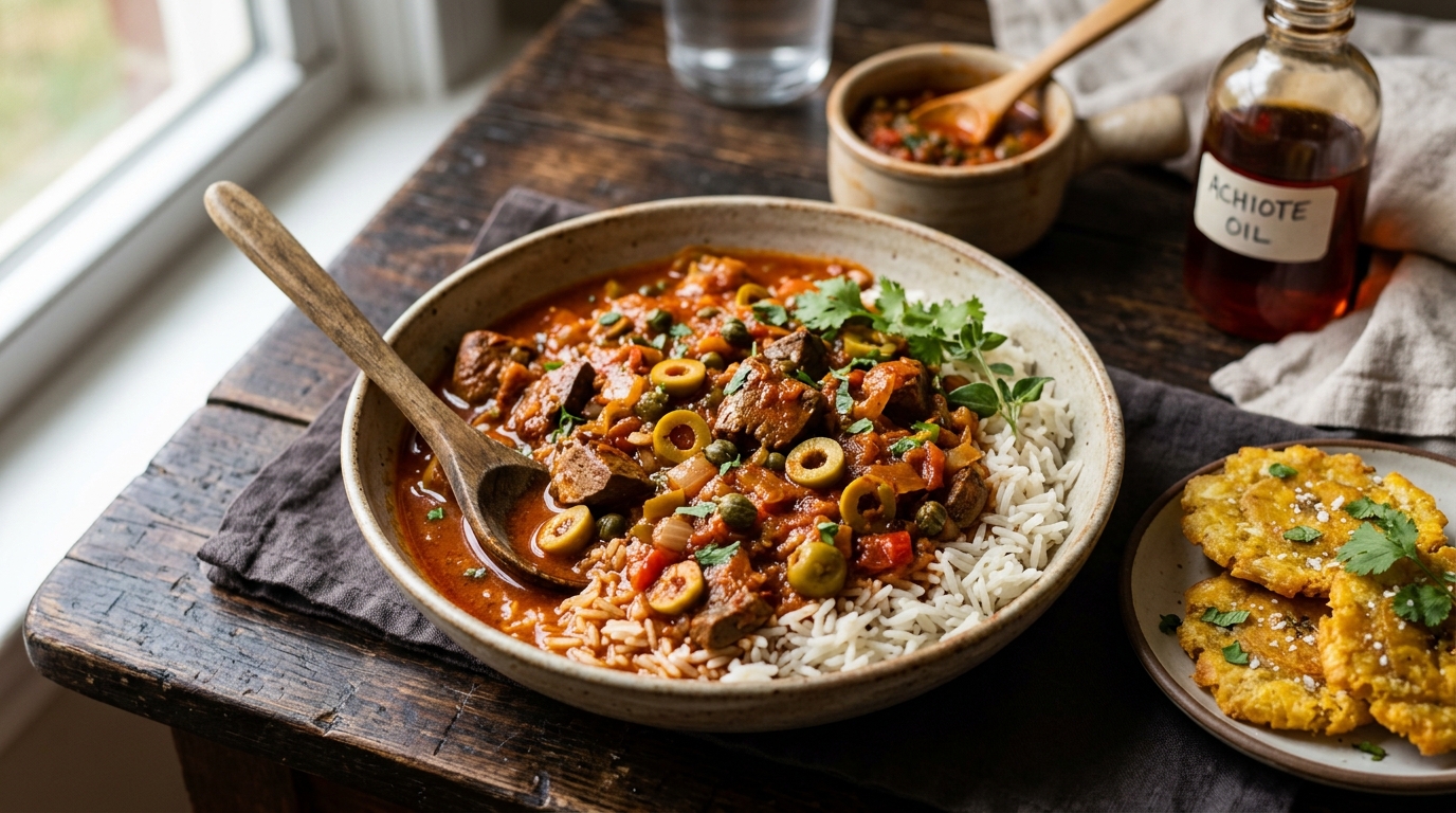 Puerto Rican gandinga: pork liver and heart stew in red achiote sofrito sauce with green olives and capers, served over white rice with tostones