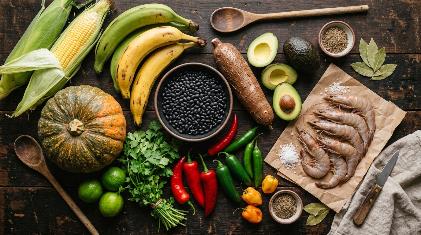Variedad de ingredientes latinos frescos: elote, plátanos, aguacate, calabaza, frijoles y yuca sobre mesa de madera