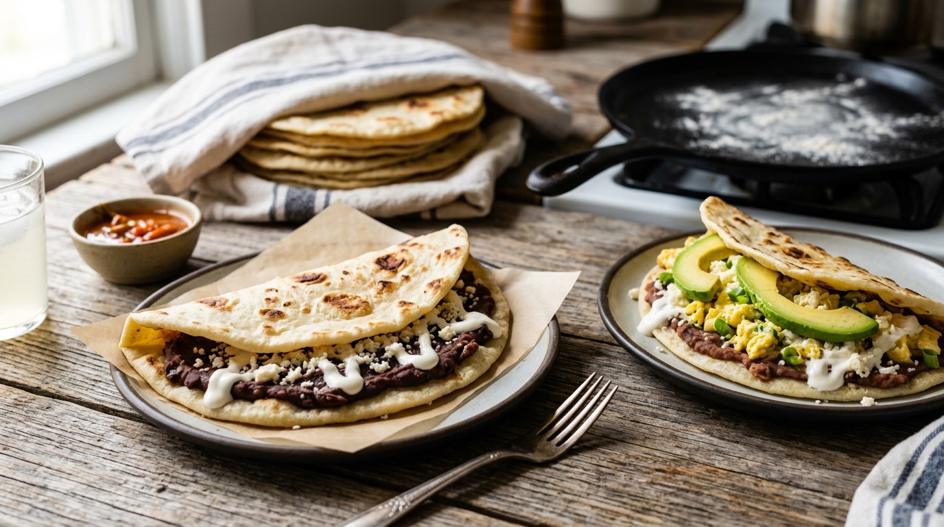 Honduran baleadas: thick blistered flour tortillas folded over refried red beans with crema and crumbled dry cheese, one especial open showing scrambled egg and avocado