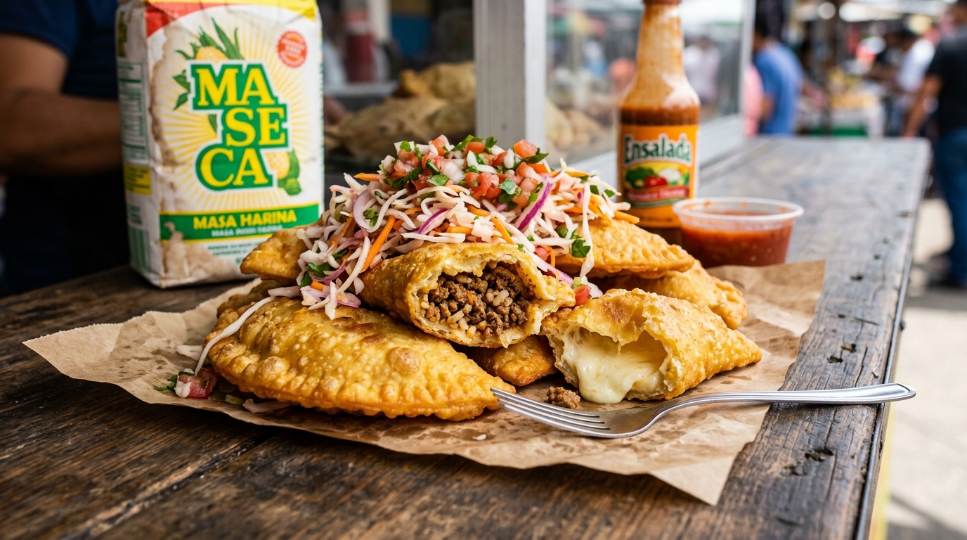 Honduran pastelitos: crispy golden fried corn-dough half-moons, one broken open to show the beef and rice filling, served with pickled cabbage slaw and chimol salsa