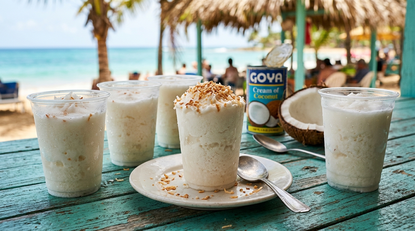 Puerto Rican limber de coco: creamy white coconut ice pushed up out of a clear plastic cup and topped with toasted shredded coconut, more cups and a can of cream of coconut behind