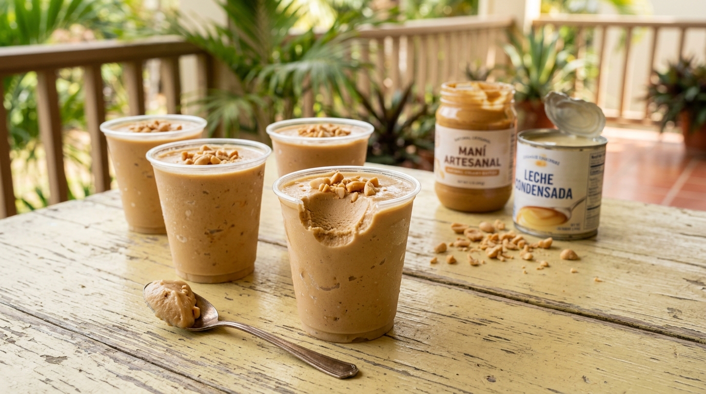 Puerto Rican limber de maní: creamy peanut butter ice pushed up out of a clear plastic cup with a bite taken, chopped roasted peanuts on top, jar of peanut butter behind