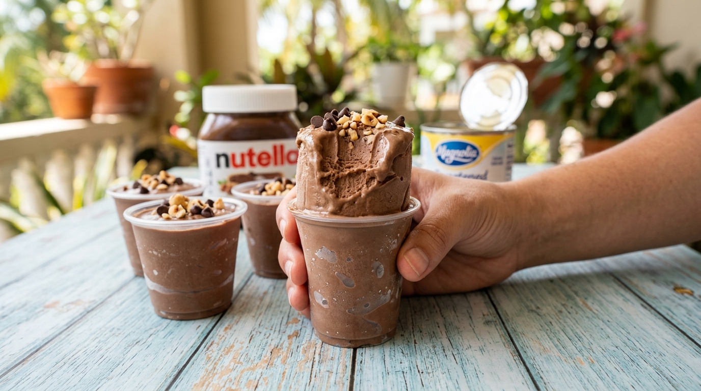Puerto Rican Nutella limbers in small clear plastic cups, one squeezed up with a bite taken out, topped with mini chocolate chips and chopped hazelnuts
