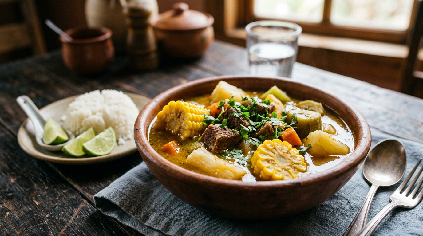 Olla de carne costarricense con yuca, elote, chayote, zanahoria y plátano en caldo, servida con arroz blanco y limón
