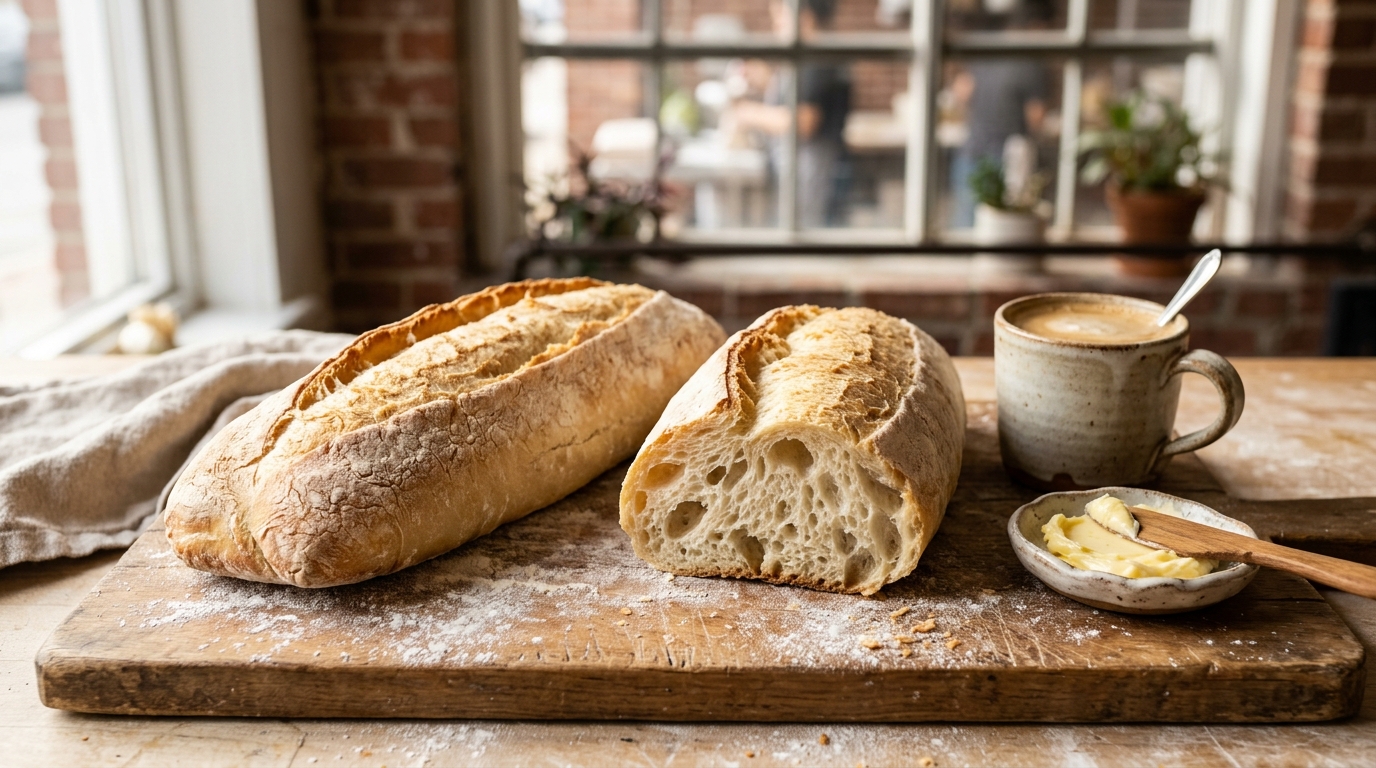 Puerto Rican pan de agua: two long golden loaves with a crackly slashed crust, one torn open to show the light airy crumb, with café con leche and butter