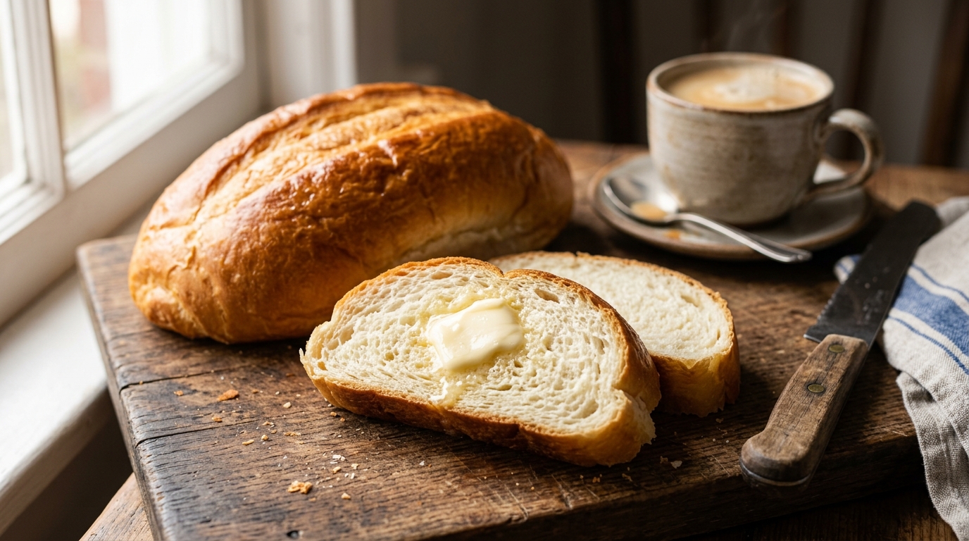 Pan sobao puertorriqueño recién horneado, cortado y con mantequilla derretida, junto a café con leche