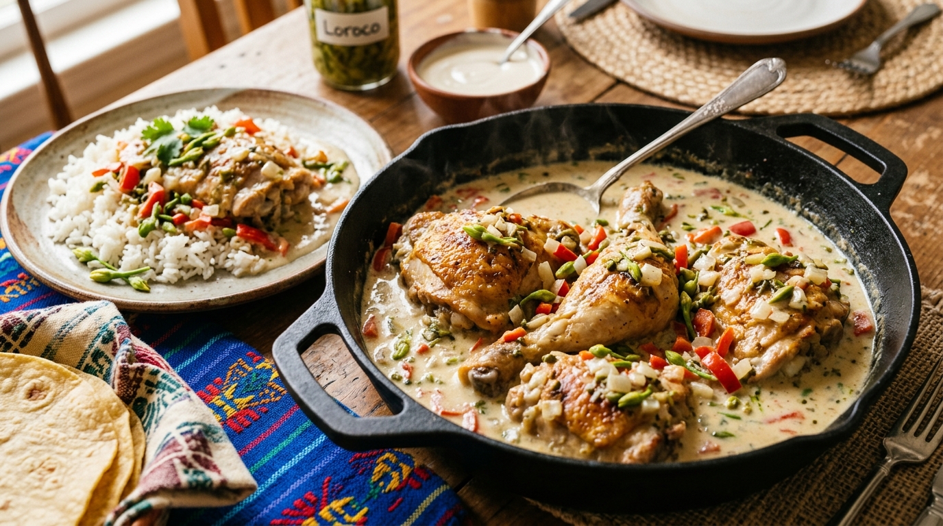 Guatemalan pollo en crema: browned chicken pieces in a pale creamy sauce with red bell pepper and loroco, served over white rice with corn tortillas