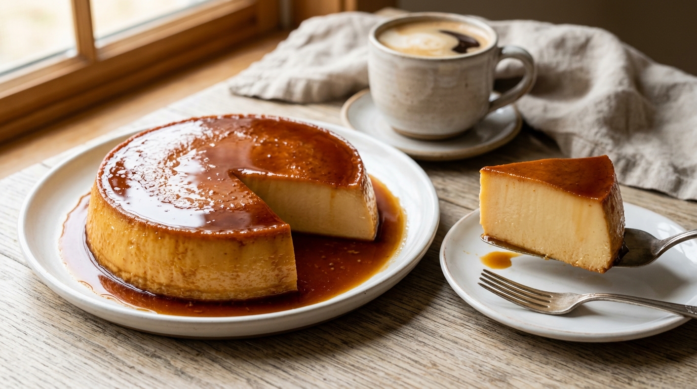 Puerto Rican flan de queso: a whole cream-cheese flan unmolded with amber caramel running down the sides, one wedge cut to show the dense silky custard