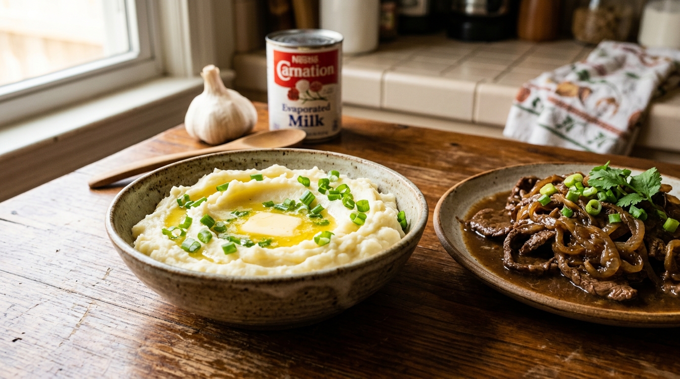 Puerto Rican papa majada: a bowl of smooth garlicky mashed potatoes with melted butter and scallions, next to a plate of bistec encebollado with onions