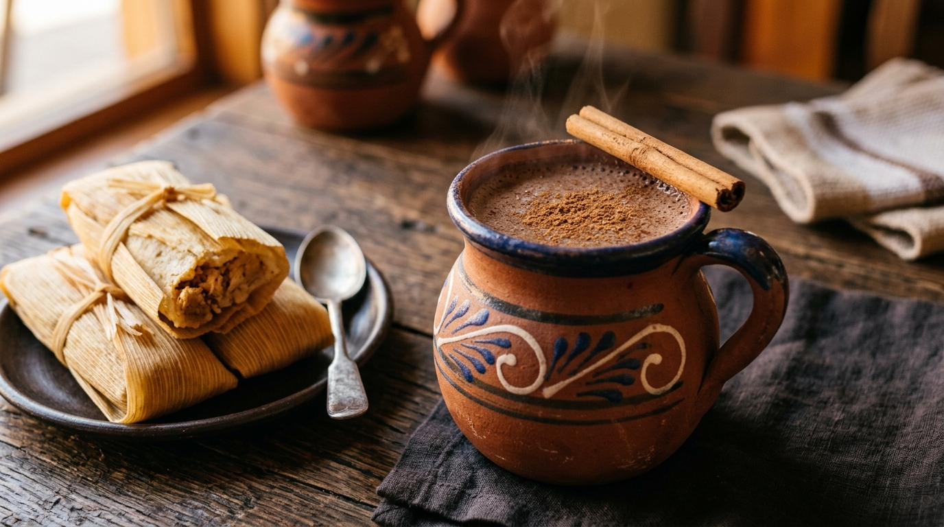 Champurrado mexicano humeante servido en jarrito de barro con canela, acompañado de tamales de rajas con queso