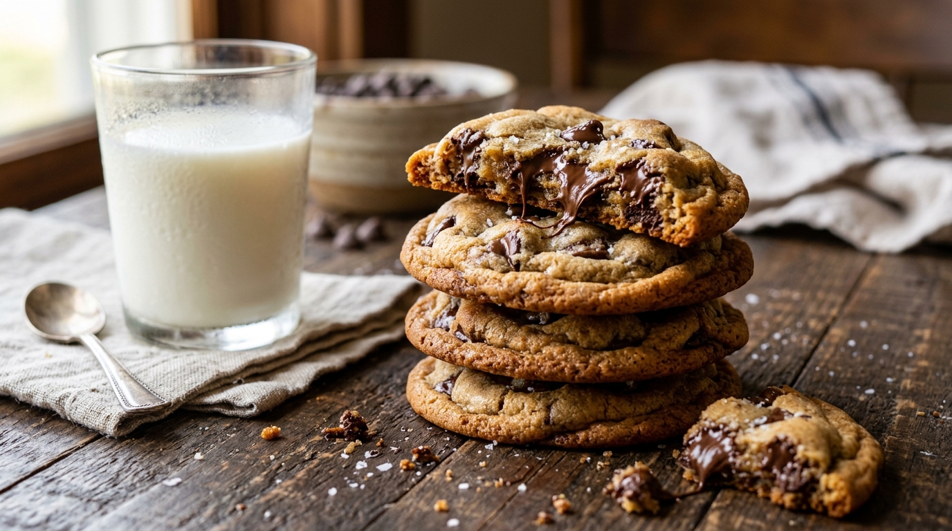 Galletas con chispas de chocolate apiladas, bordes dorados crujientes, centro suave con chocolate derretido, junto a un vaso de leche fría