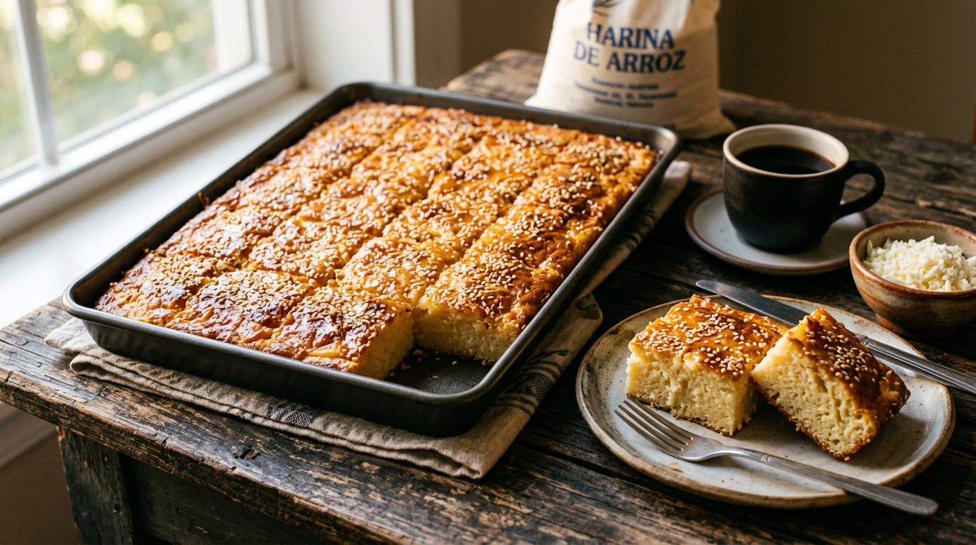 Salvadoran quesadilla: squares of golden sweet cheese cake topped with sesame seeds, one turned to show the dense moist crumb, with a cup of black coffee
