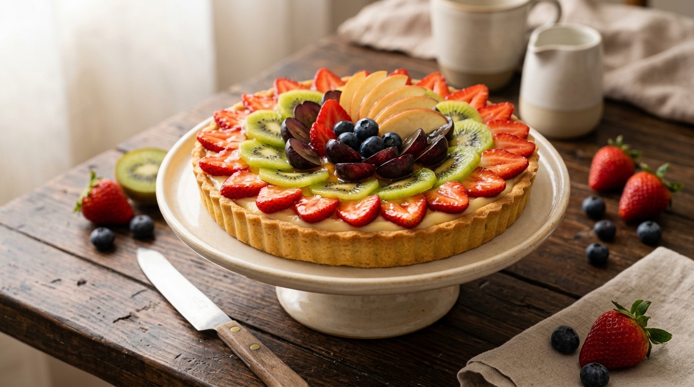 Tarta de frutas fresca con base crujiente y crema pastelera, coronada con fresas, kiwi, uvas y arándanos glaseados