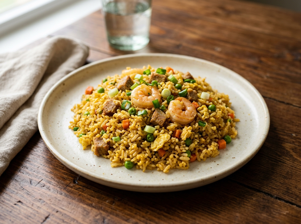 Arroz chino boricua con achiote, cerdo, huevo y vegetales