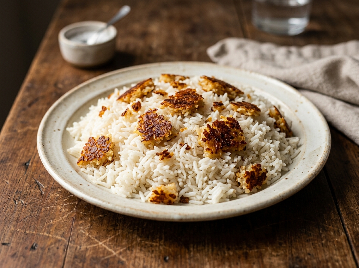 Arroz con cocolón puertorriqueño con costra dorada crujiente