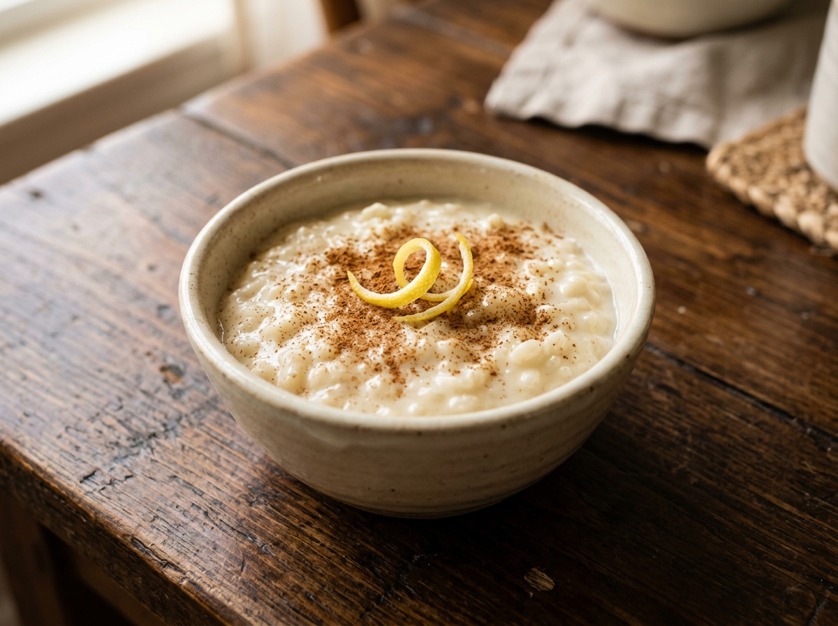 Arroz con leche cubano cremoso con canela y cáscara de limón
