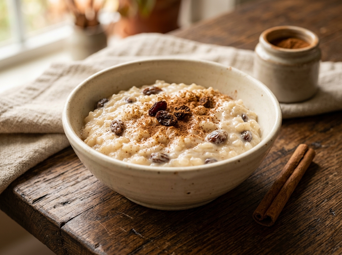 Arroz con dulce boricua con coco y canela en un tazón
