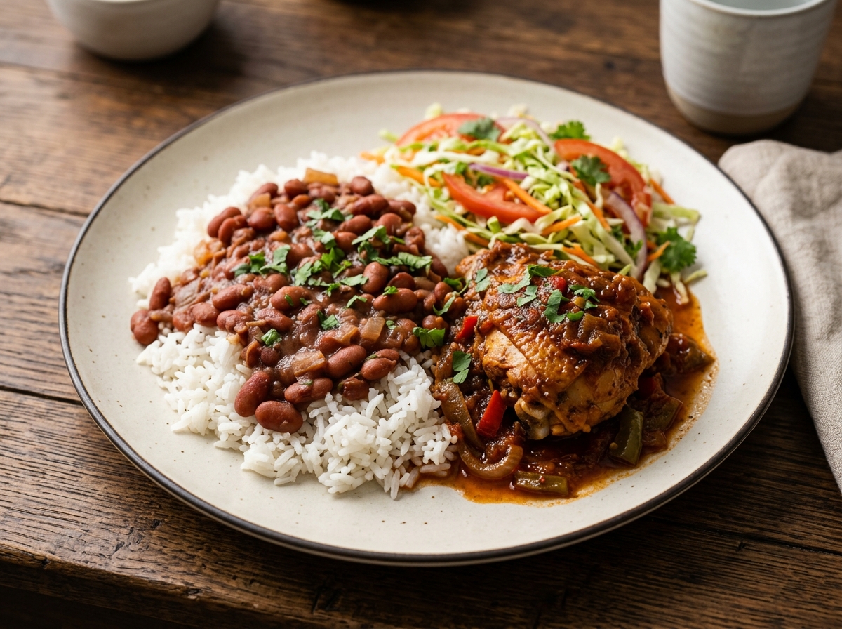 La Bandera Dominicana: arroz, habichuelas rojas guisadas y pollo