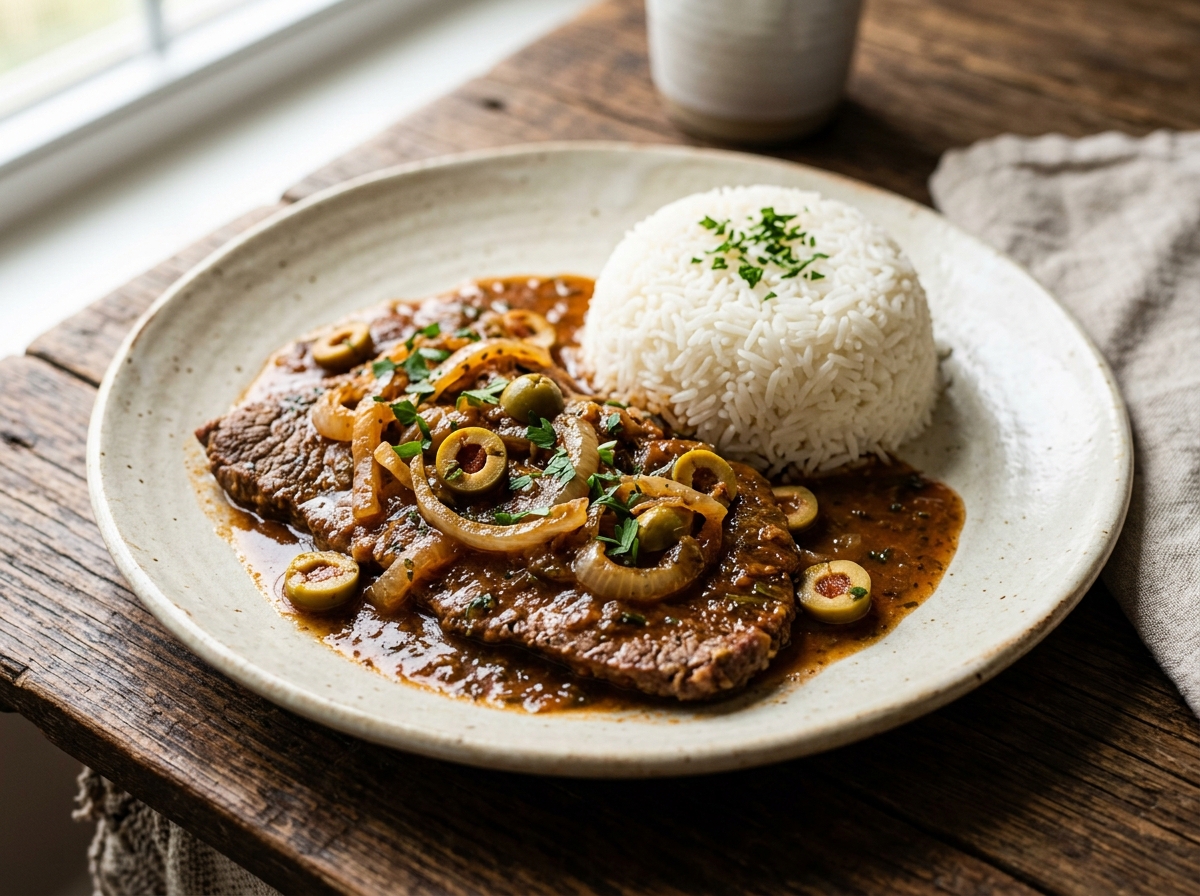 Bistec en cazuela cubano en salsa de tomate y cebolla