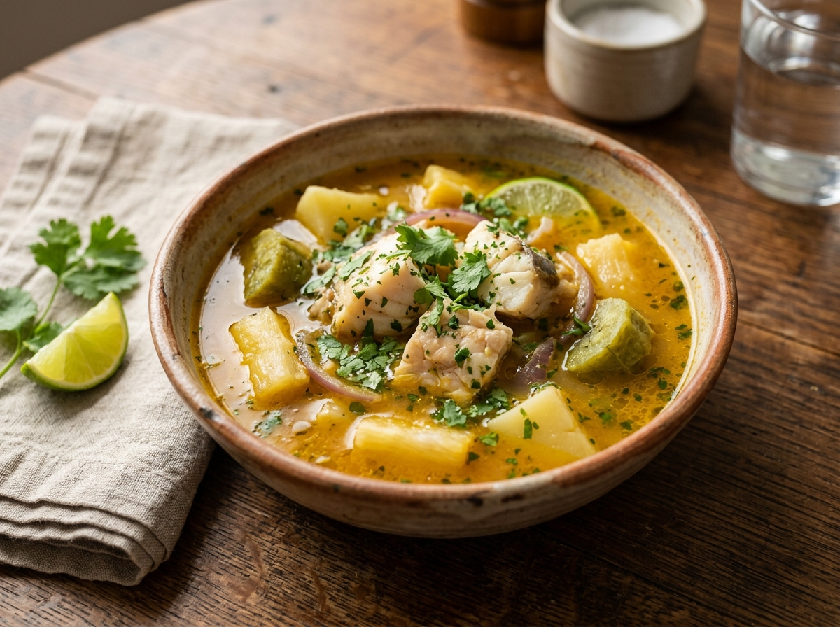 Caldo de pescado boricua con pescado, yuca, plátano y papa