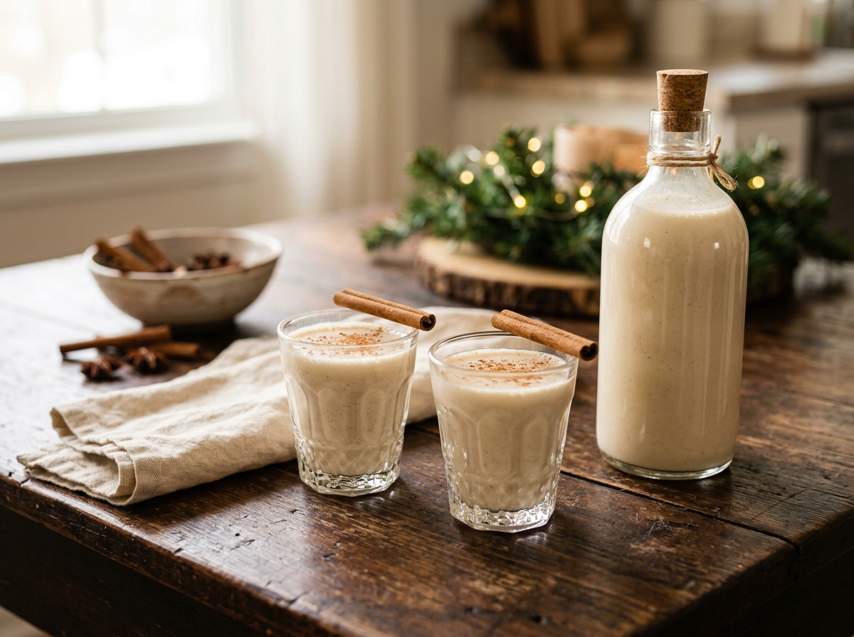 Coquito puertorriqueño cremoso en vasitos espolvoreados con canela