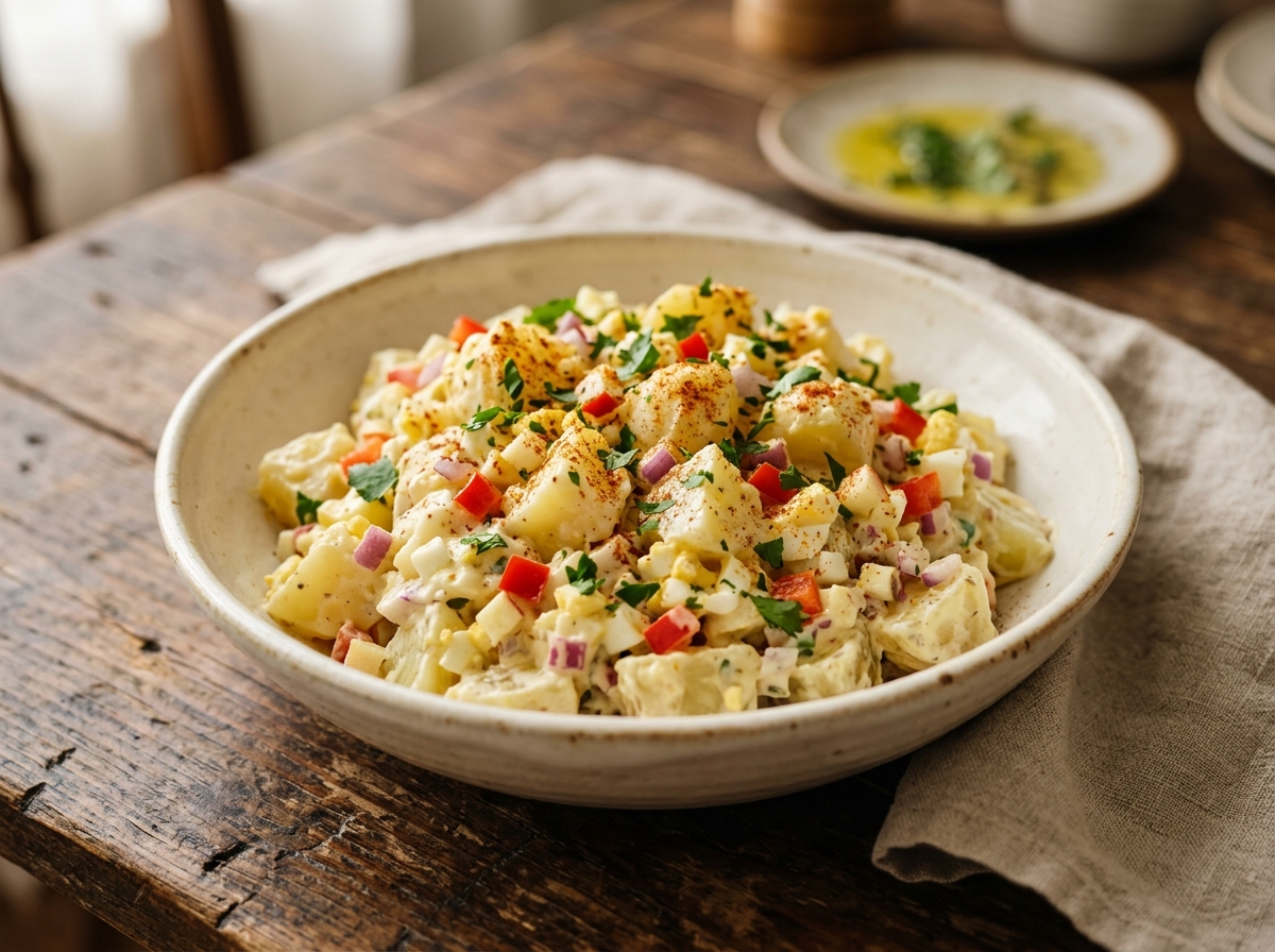 Ensalada de papa boricua con manzana, huevo y pimientos