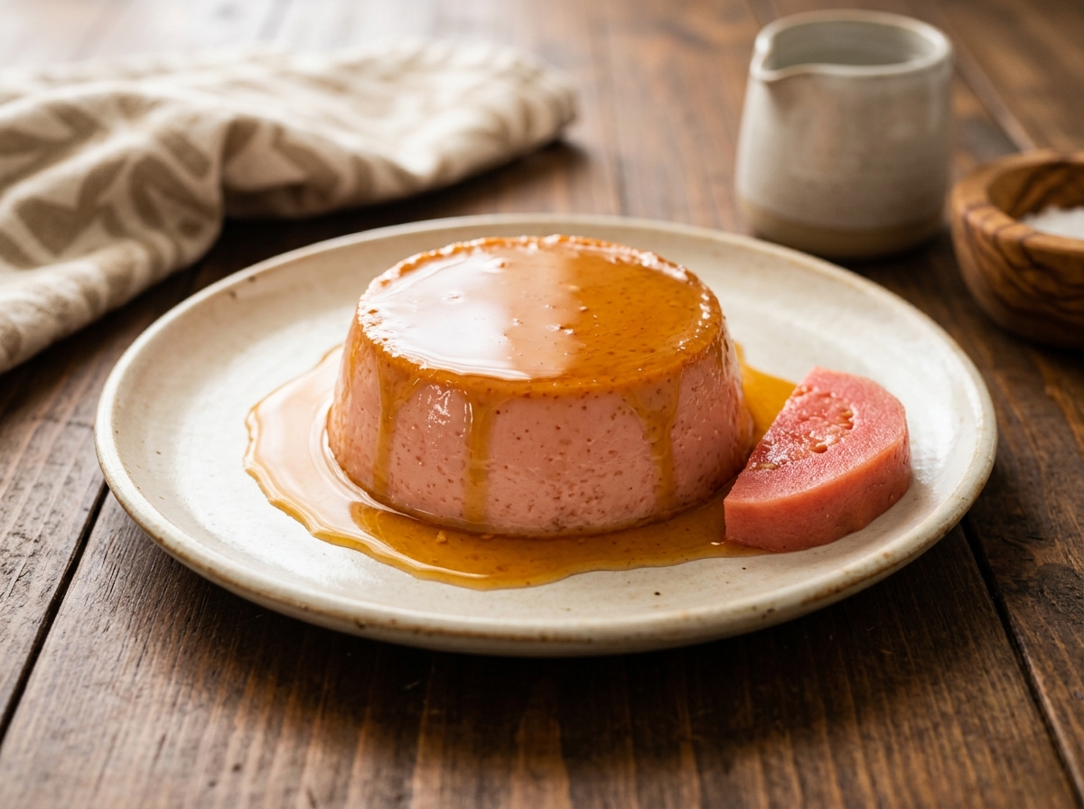 Flan de guayaba puertorriqueño con capa rosada y caramelo