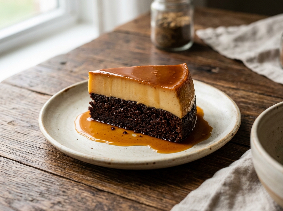 Flancocho puertorriqueño con capa de bizcocho de chocolate y flan