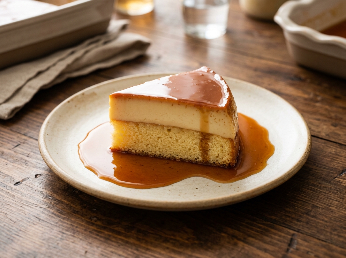 Rebanada de flancocho puertorriqueño con flan y bizcocho