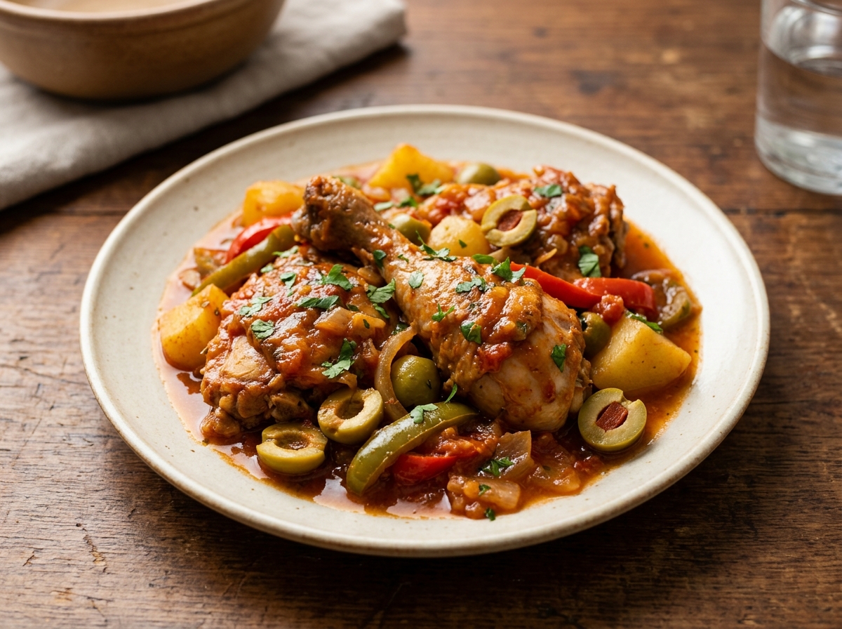 Fricasé de pollo cubano en salsa de tomate con papas y aceitunas