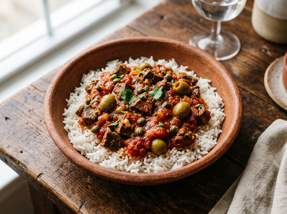 Gandinga puertorriqueña de cerdo en sofrito sobre arroz blanco
