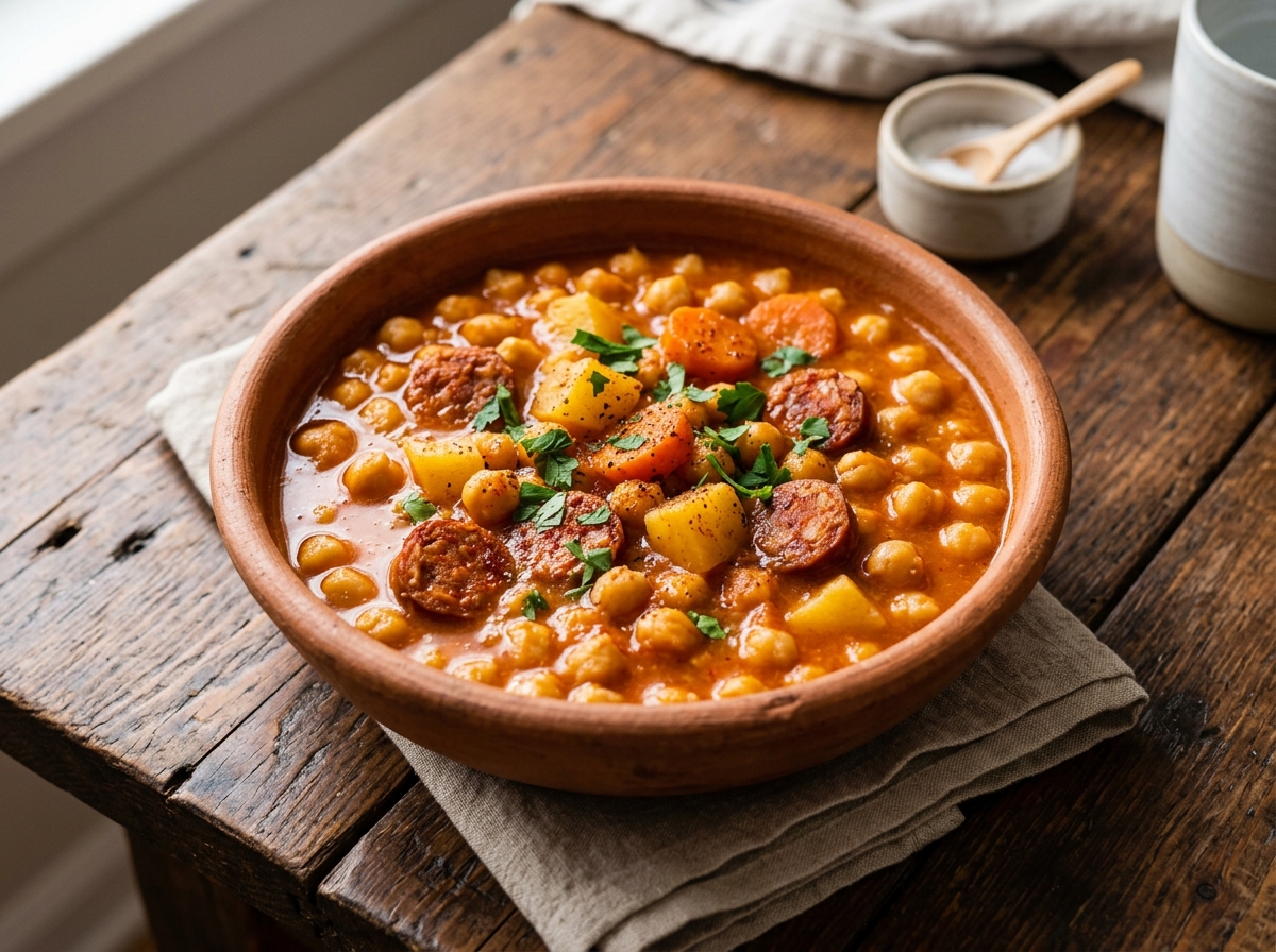 Garbanzos a la cubana guisados con chorizo y papas