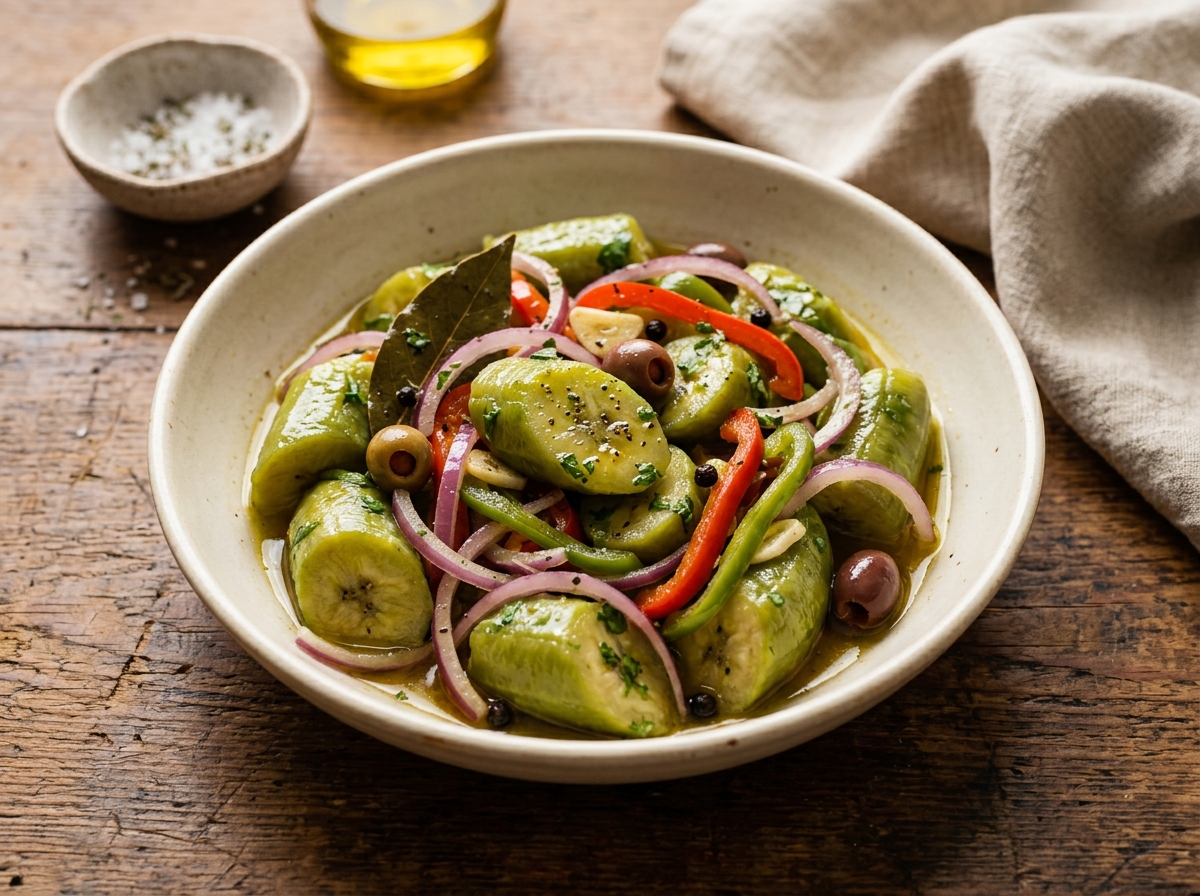 Guineos en escabeche boricua con cebolla y pimientos