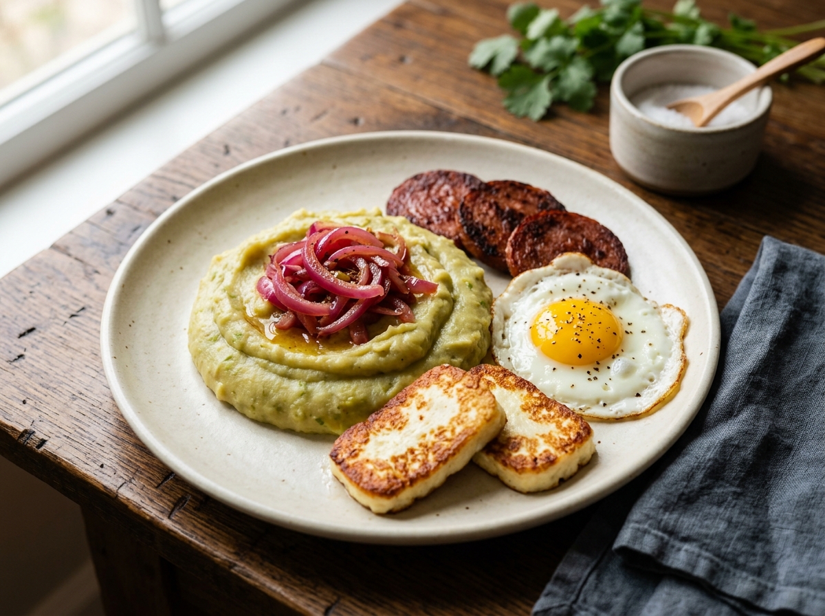Mangú dominicano con los tres golpes: cebolla, salami y huevo