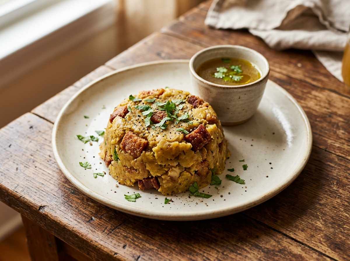 Mofongo dominicano de plátano verde con ajo y chicharrón