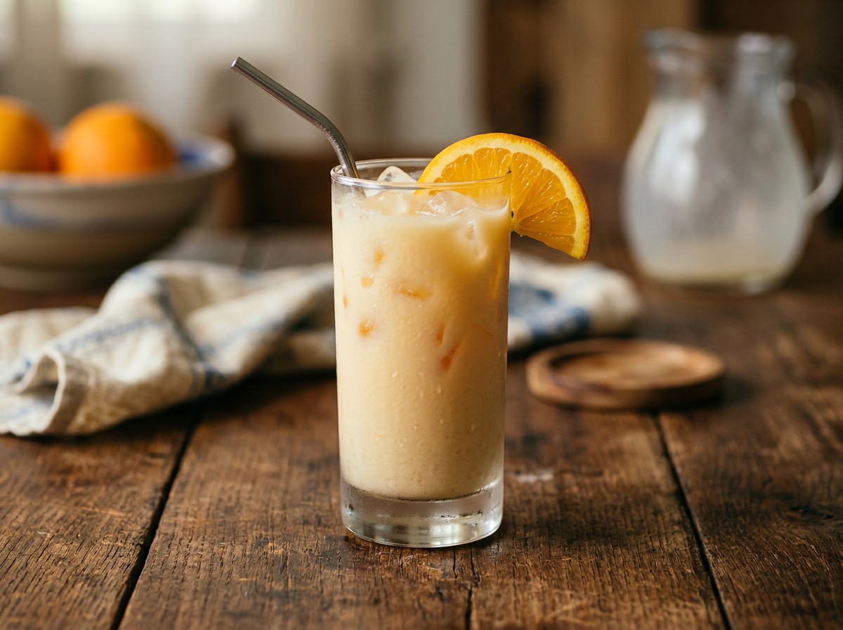 Morir soñando dominicano, jugo de naranja con leche evaporada sobre hielo