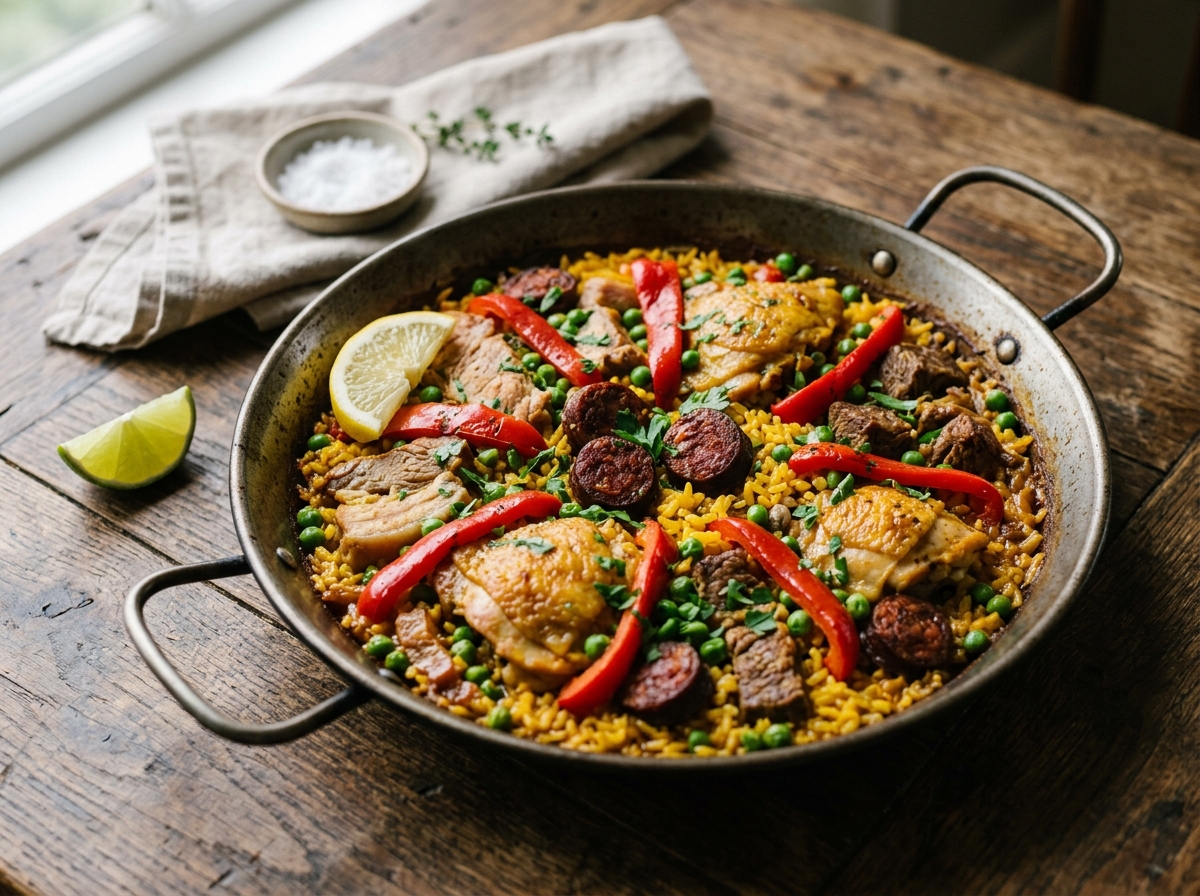 Paella de carnes puertorriqueña con pollo, cerdo, chorizo y res