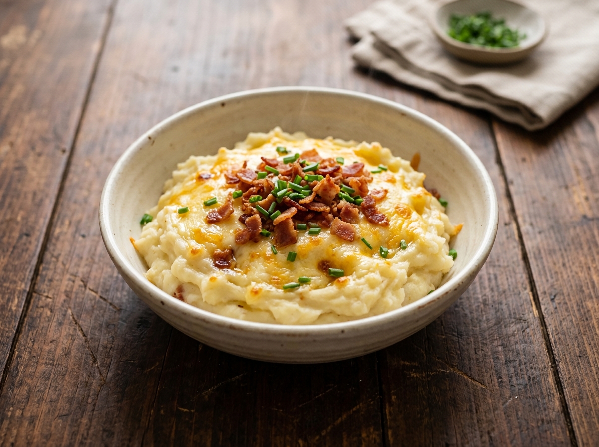 Papas majadas boricuas con queso gratinado y tocino