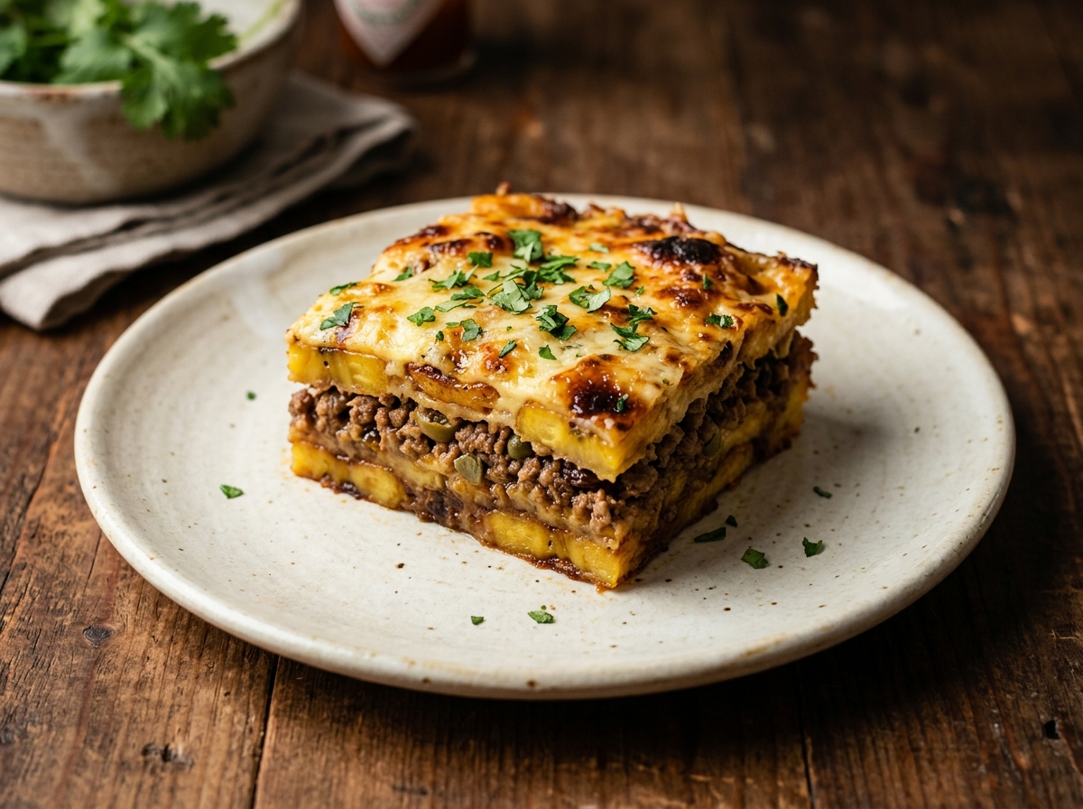 Pastelón puertorriqueño de plátano maduro y picadillo con queso