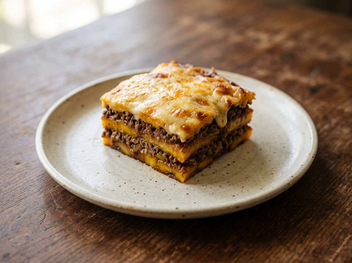 Pastelón puertorriqueño de plátano maduro y picadillo con queso