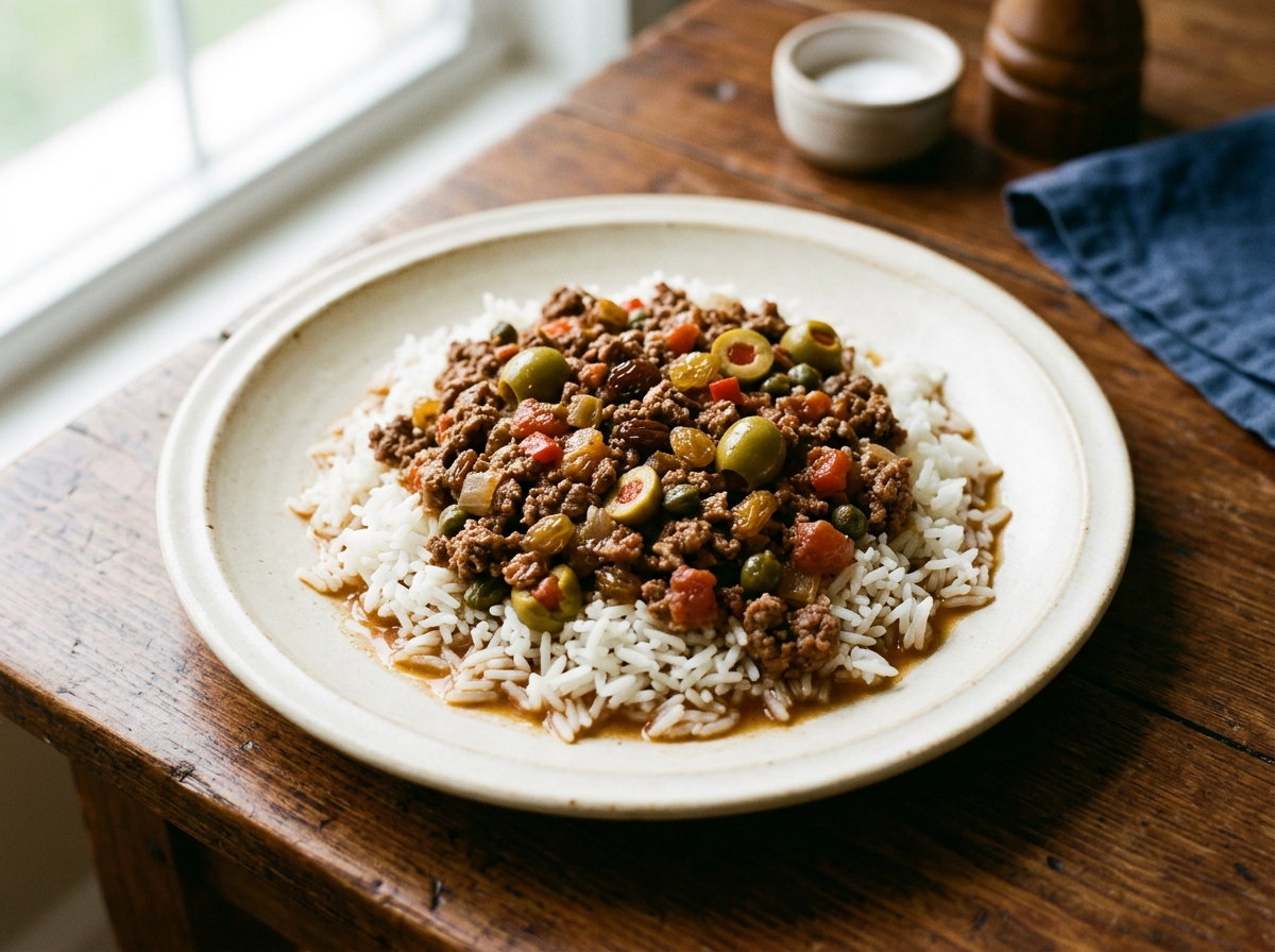 Picadillo cubano con aceitunas y pasas sobre arroz blanco