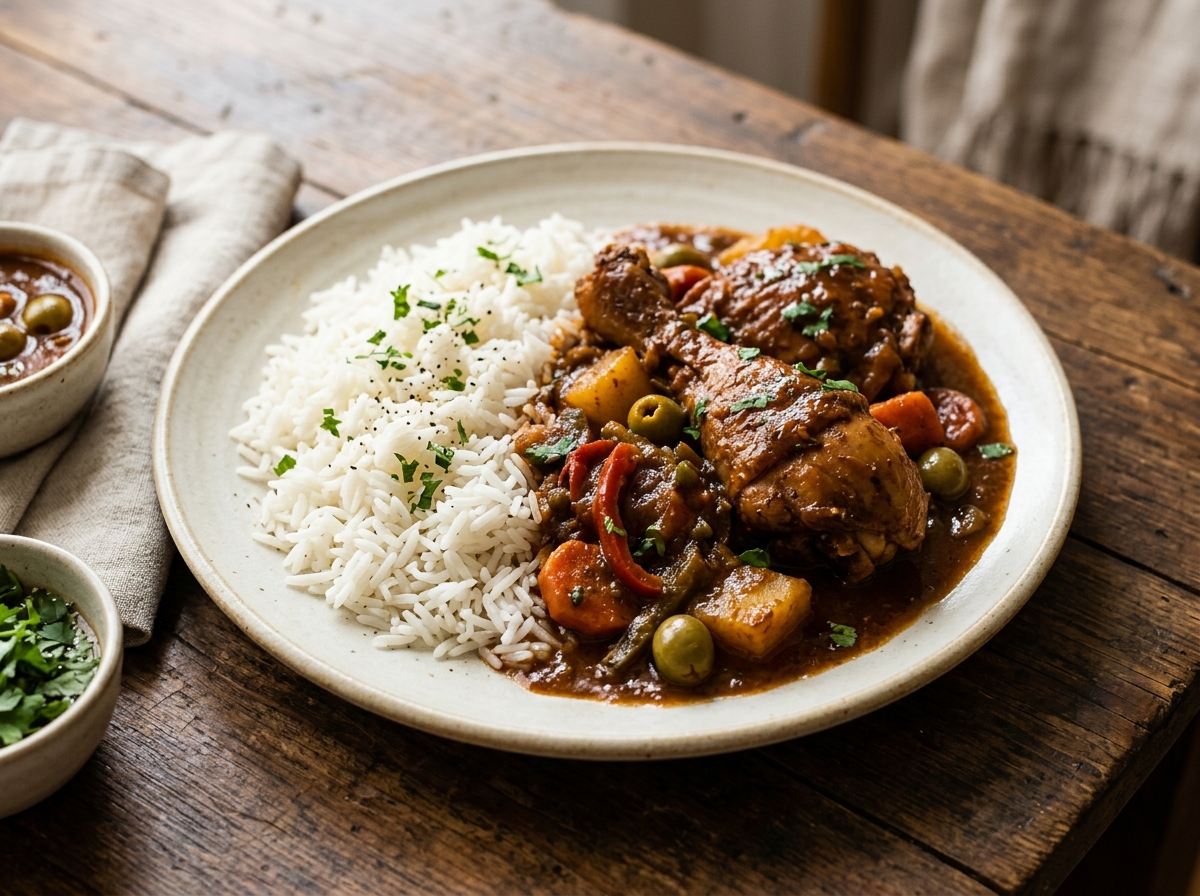 Pollo guisado dominicano con sellado oscuro en salsa de tomate